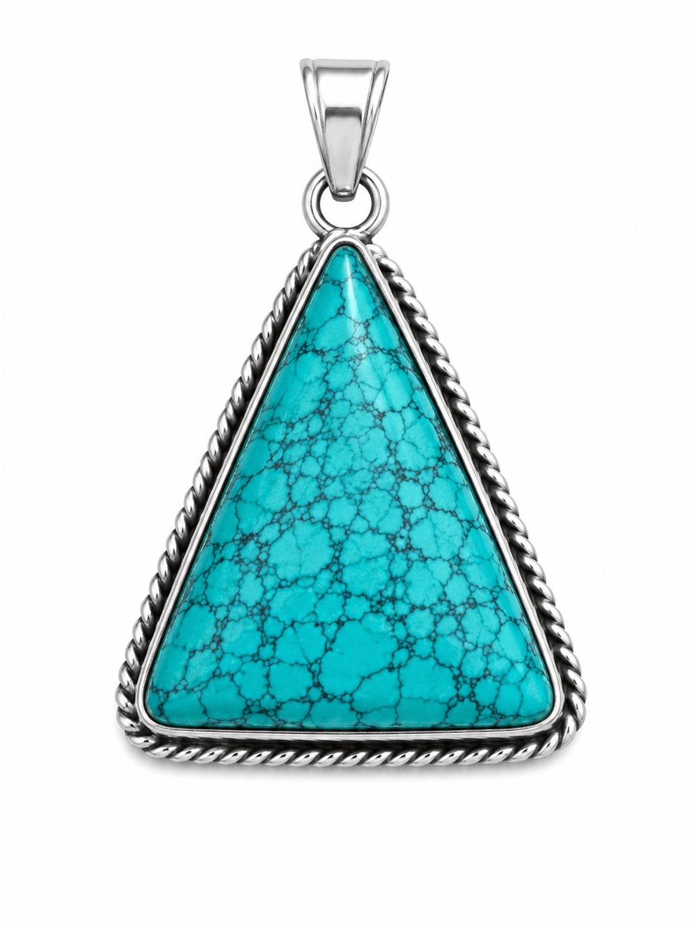 Turquoise Triangle Silver Pendant - Teal Green Stone
